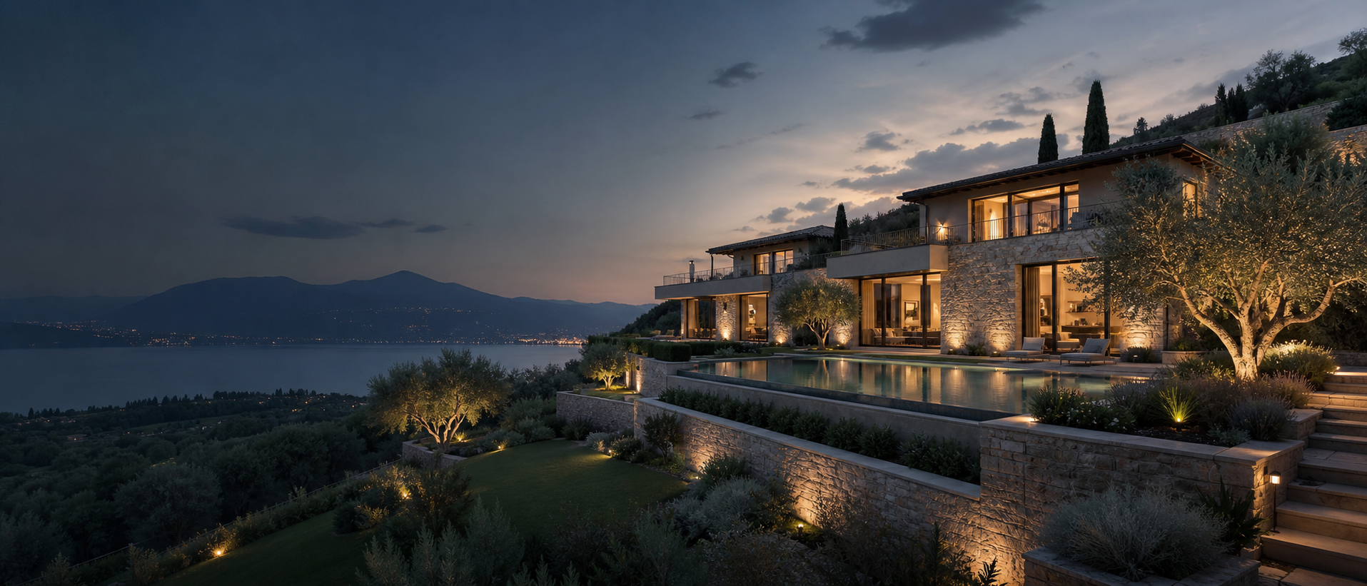 Villa contemporanea illuminata al crepuscolo, con vista su un lago e le montagne